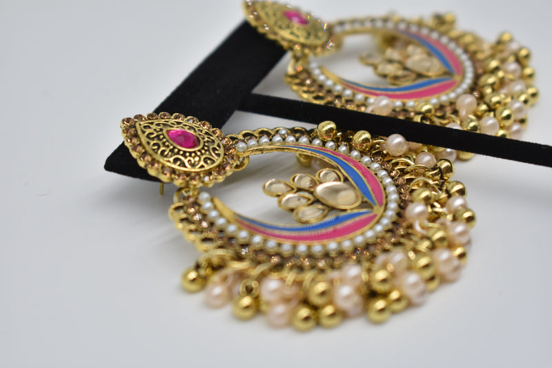 Ruby Jewel Center with Peach and Gold Pearls Ethnic Earrings - Earrings by GTA Desi Store
