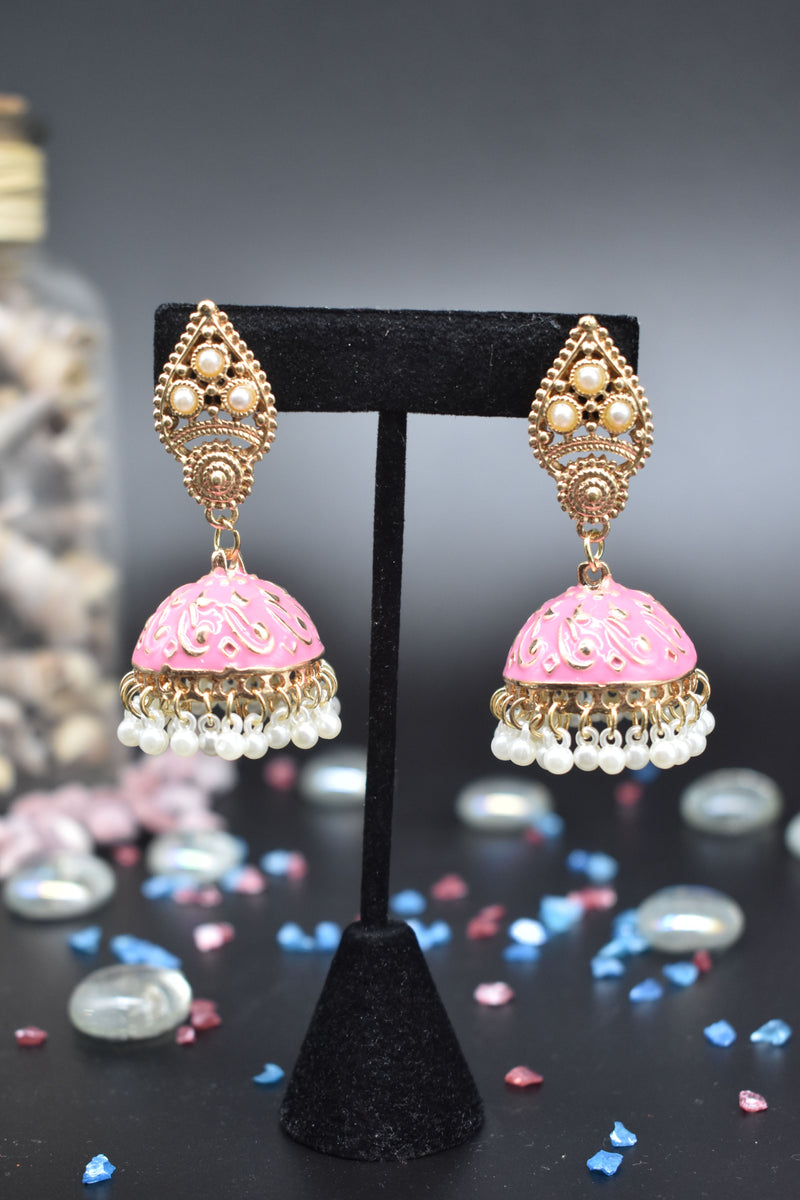 Jhumka Style Earrings with White Pearls (Pink/White) - Earrings by GTA Desi Store