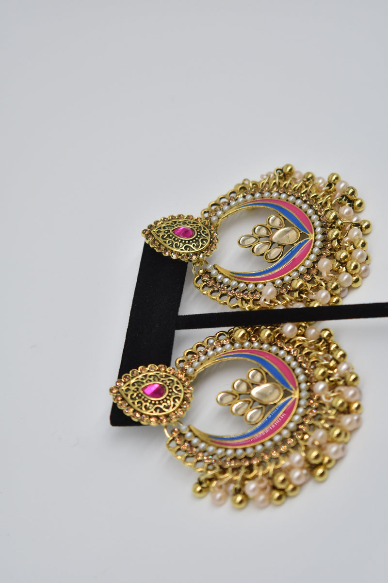 Ruby Jewel Center with Peach and Gold Pearls Ethnic Earrings - Earrings by GTA Desi Store