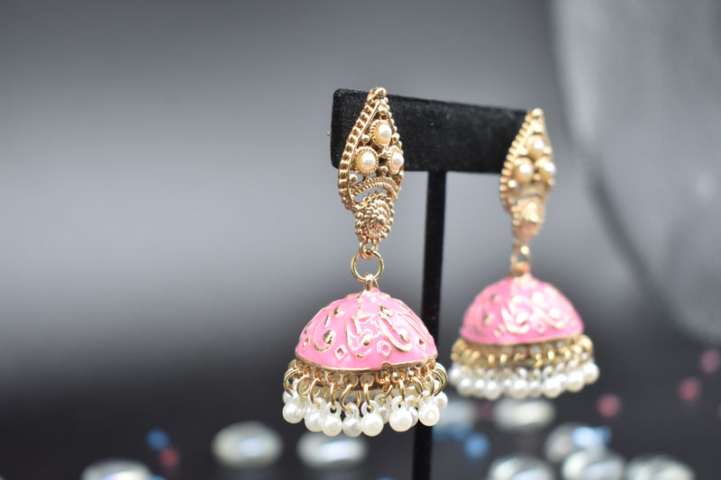 Jhumka Style Earrings with White Pearls (Pink/White) - Earrings by GTA Desi Store