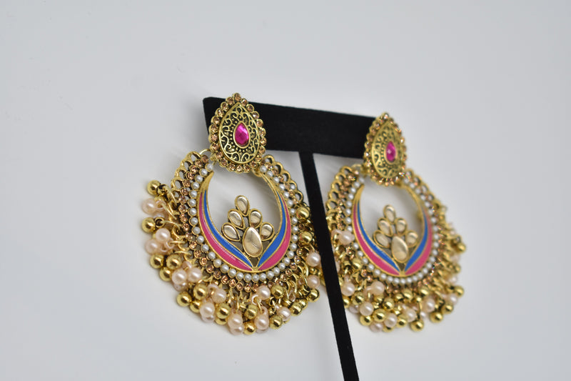 Ruby Jewel Center with Peach and Gold Pearls Ethnic Earrings - Earrings by GTA Desi Store