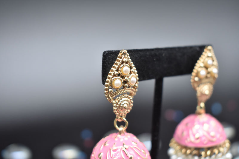 Jhumka Style Earrings with White Pearls (Pink/White) - Earrings by GTA Desi Store