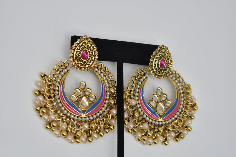 Ruby Jewel Center with Peach and Gold Pearls Ethnic Earrings - Earrings by GTA Desi Store