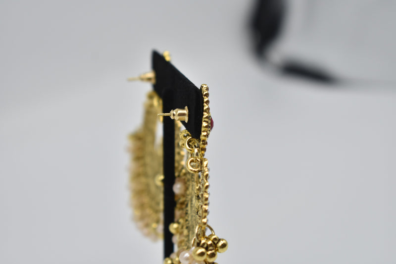 Ruby Jewel Center with Peach and Gold Pearls Ethnic Earrings - Earrings by GTA Desi Store