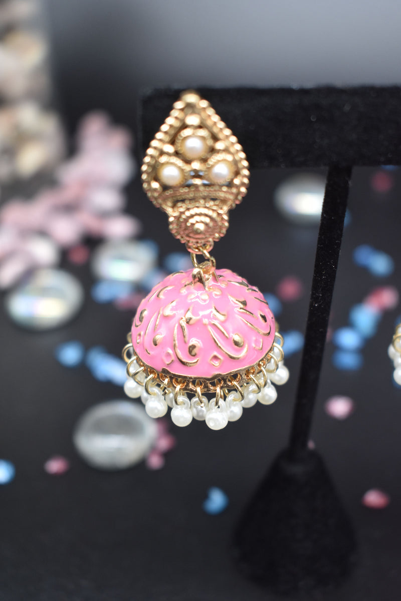 Jhumka Style Earrings with White Pearls (Pink/White) - Diva Pink - Earrings by GTA Desi Store