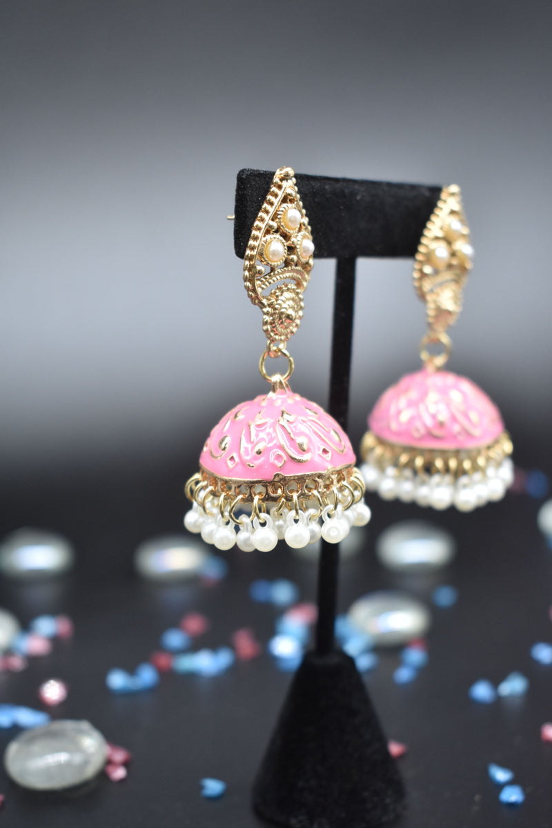 Jhumka Style Earrings with White Pearls (Pink/White) - Earrings by GTA Desi Store