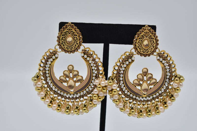 Crystal Jewel Center with Peach and Gold Pearls Ethnic Earrings - Accessories by GTA Desi Store
