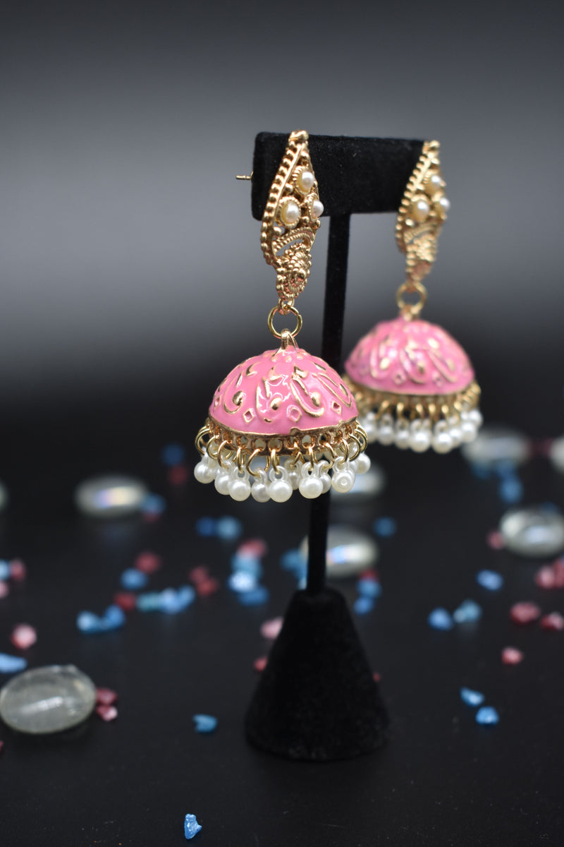 Jhumka Style Earrings with White Pearls (Pink/White) - Earrings by GTA Desi Store