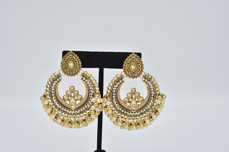 Crystal Jewel Center with Peach and Gold Pearls Ethnic Earrings - Accessories by GTA Desi Store
