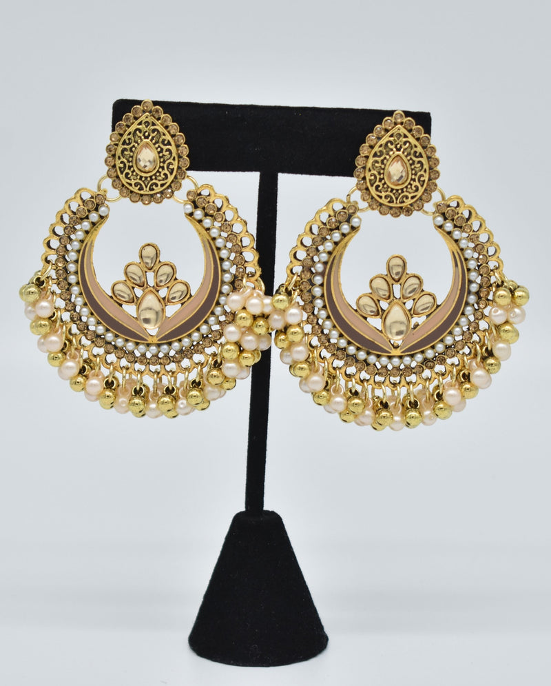 Crystal Jewel Center with Peach and Gold Pearls Ethnic Earrings - Accessories by GTA Desi Store