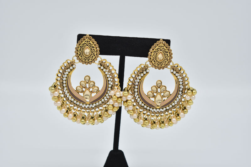 Crystal Jewel Center with Peach and Gold Pearls Ethnic Earrings - Accessories by GTA Desi Store