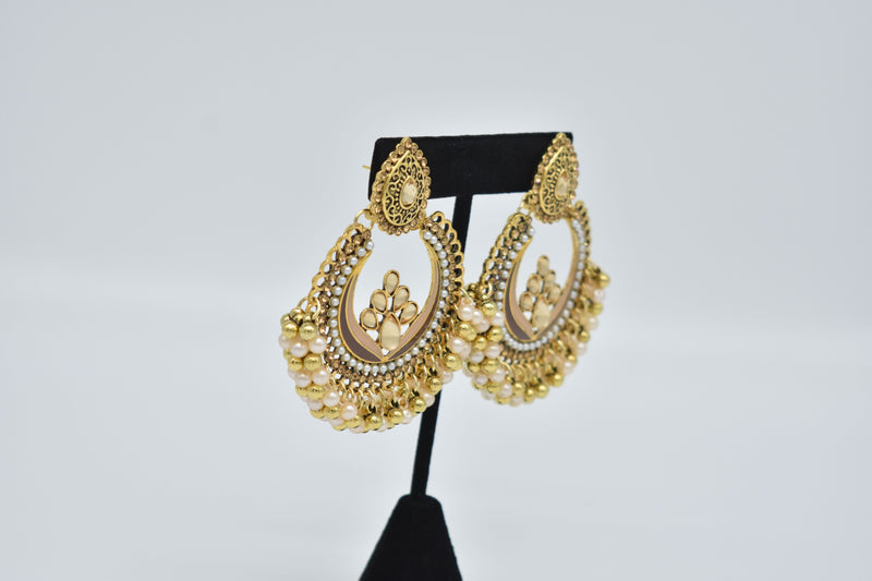 Crystal Jewel Center with Peach and Gold Pearls Ethnic Earrings - Accessories by GTA Desi Store