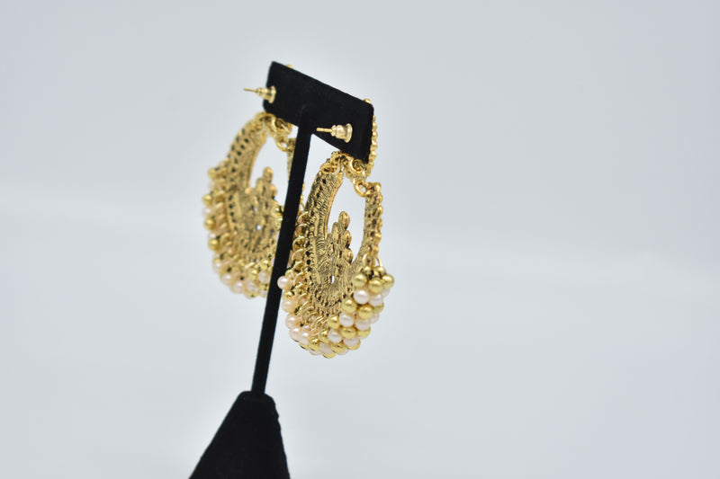Crystal Jewel Center with Peach and Gold Pearls Ethnic Earrings - Accessories by GTA Desi Store