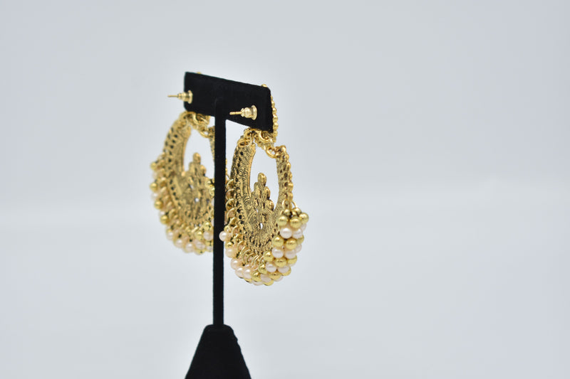 Crystal Jewel Center with Peach and Gold Pearls Ethnic Earrings - Accessories by GTA Desi Store