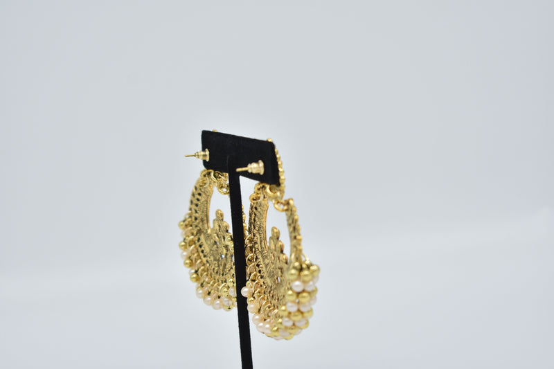 Crystal Jewel Center with Peach and Gold Pearls Ethnic Earrings - Accessories by GTA Desi Store