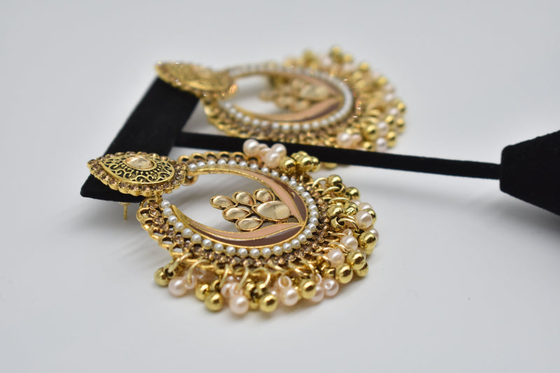 Crystal Jewel Center with Peach and Gold Pearls Ethnic Earrings - Accessories by GTA Desi Store