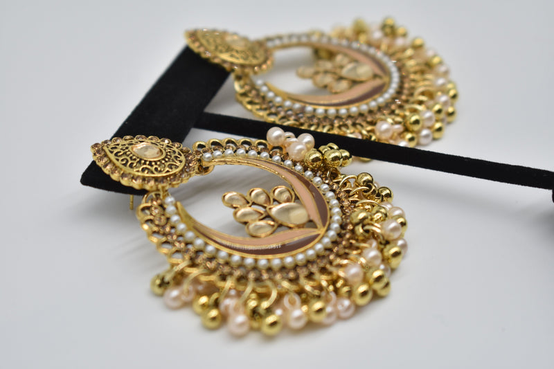 Crystal Jewel Center with Peach and Gold Pearls Ethnic Earrings - Accessories by GTA Desi Store