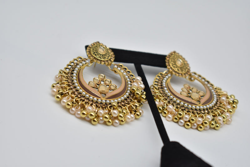 Crystal Jewel Center with Peach and Gold Pearls Ethnic Earrings - Accessories by GTA Desi Store
