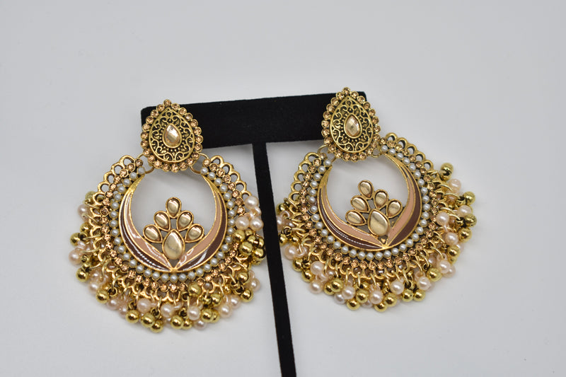 Crystal Jewel Center with Peach and Gold Pearls Ethnic Earrings - Accessories by GTA Desi Store