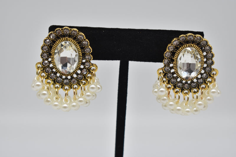 Clear Crystals with White Pearls Earrings - Earrings by GTA Desi Store
