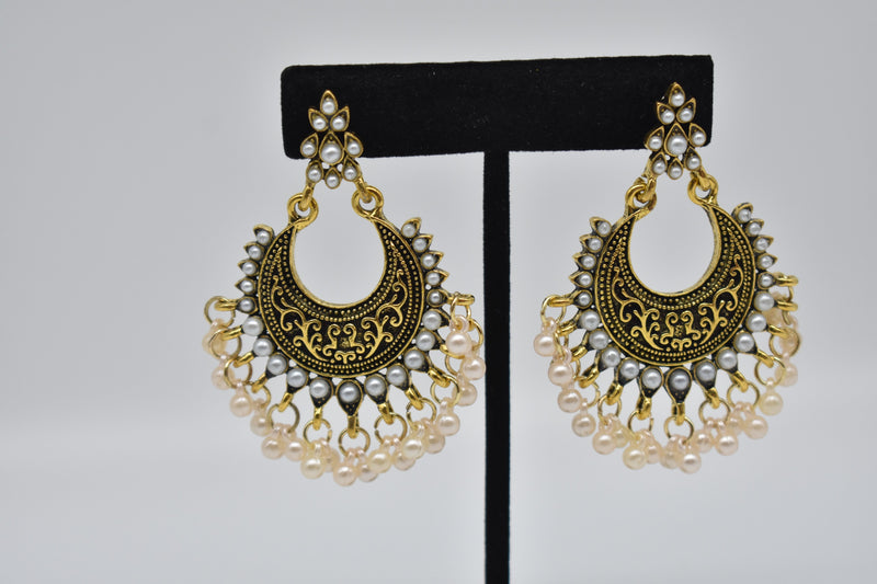 White Pearls with Black Gold Ethnic Vintage Earrings - Earrings by GTA Desi Store