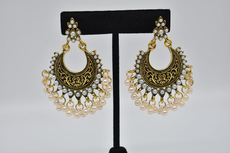 White Pearls with Black Gold Ethnic Vintage Earrings - Earrings by GTA Desi Store