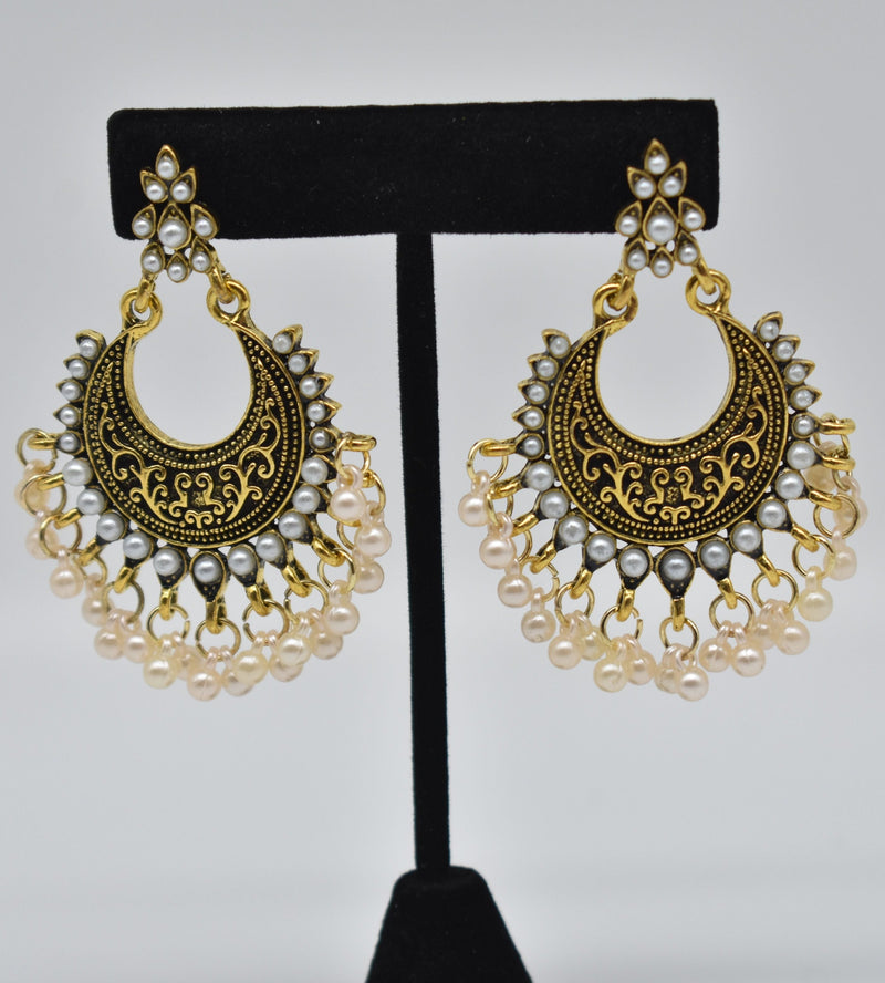 White Pearls with Black Gold Ethnic Vintage Earrings - Earrings by GTA Desi Store