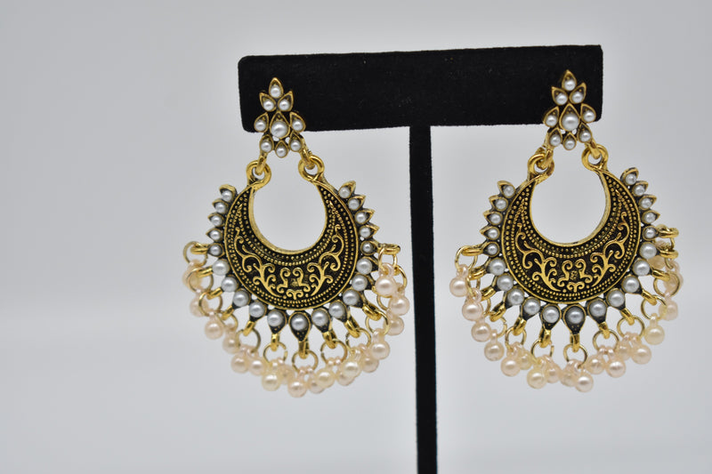 White Pearls with Black Gold Ethnic Vintage Earrings - Earrings by GTA Desi Store