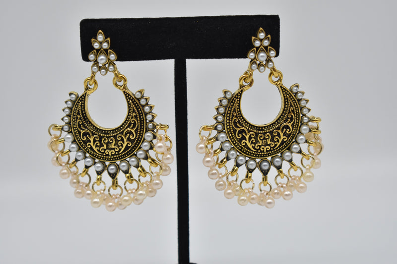 White Pearls with Black Gold Ethnic Vintage Earrings - Earrings by GTA Desi Store