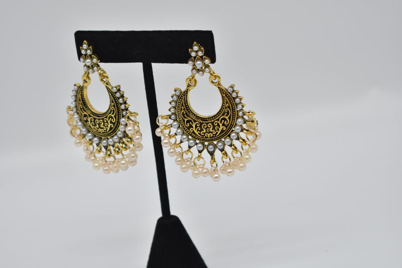 White Pearls with Black Gold Ethnic Vintage Earrings - Earrings by GTA Desi Store