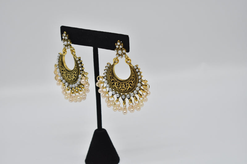 White Pearls with Black Gold Ethnic Vintage Earrings - Earrings by GTA Desi Store