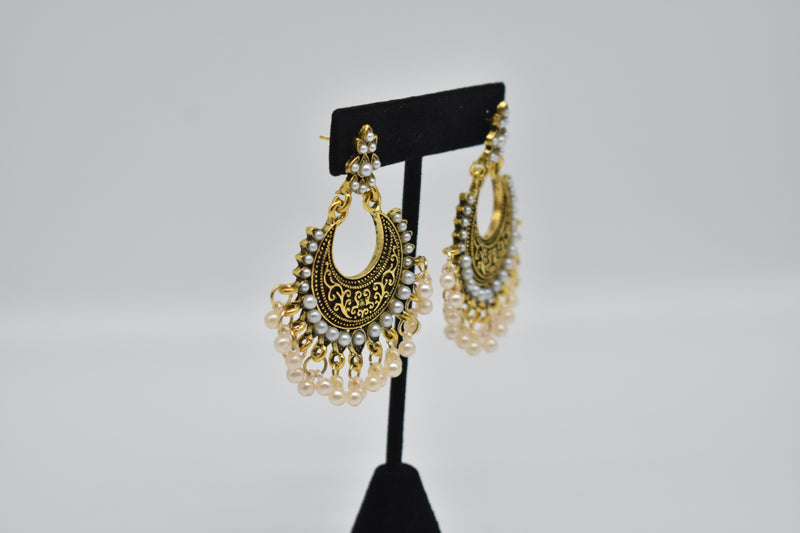 White Pearls with Black Gold Ethnic Vintage Earrings - Earrings by GTA Desi Store