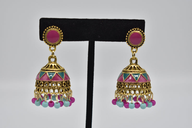 Pink and Blue Jhumka Style Ethnic Vintage Earrings - Earrings by GTA Desi Store