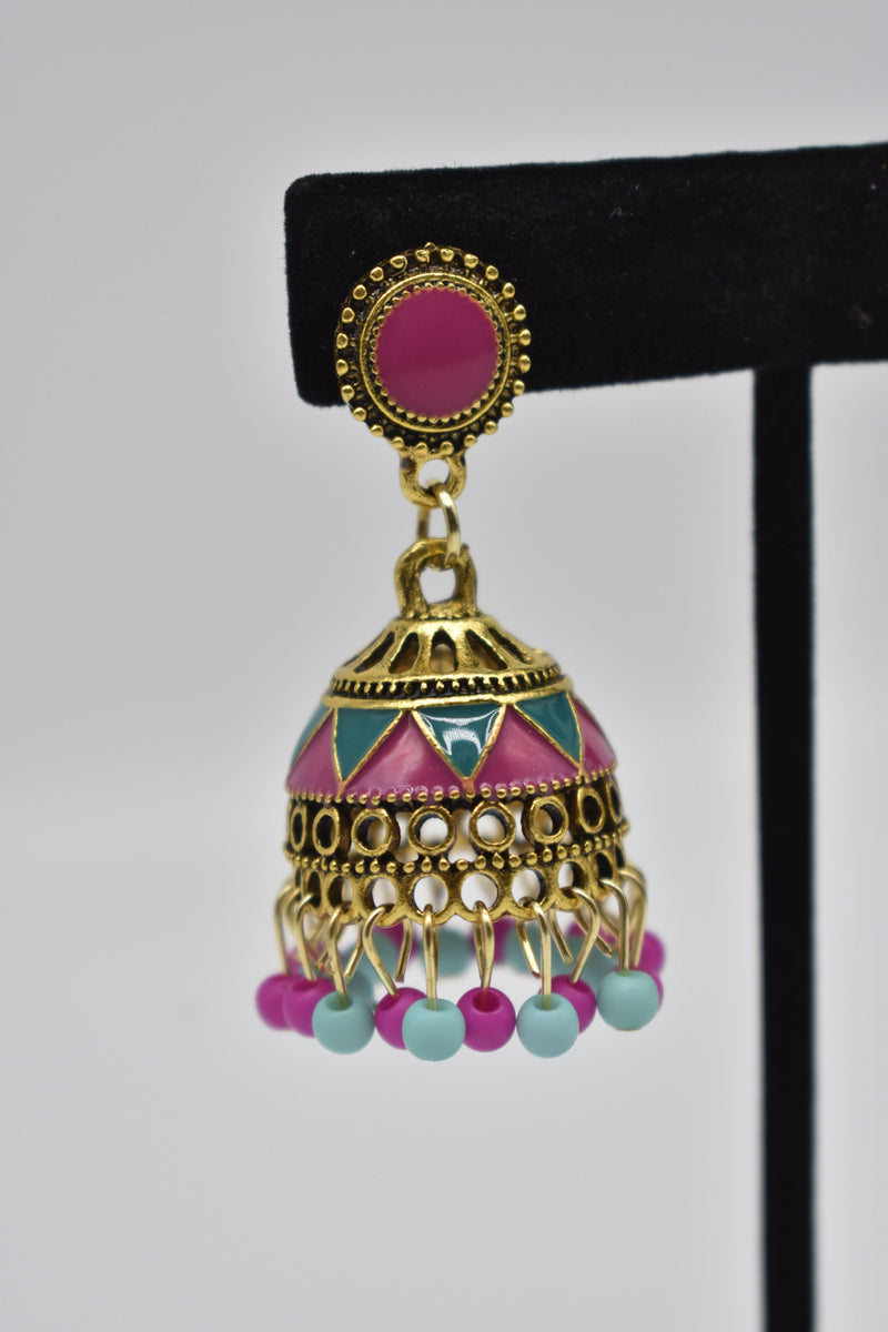 Pink and Blue Jhumka Style Ethnic Vintage Earrings - Earrings by GTA Desi Store