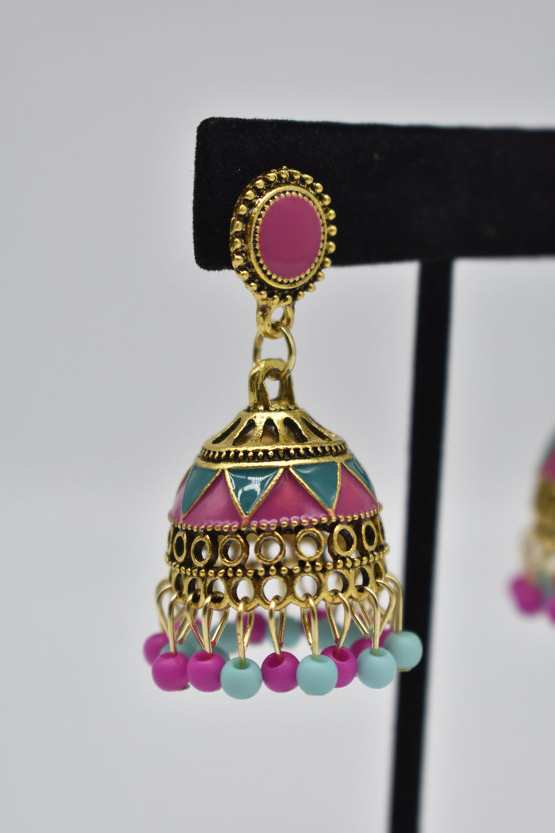 Pink and Blue Jhumka Style Ethnic Vintage Earrings - Earrings by GTA Desi Store