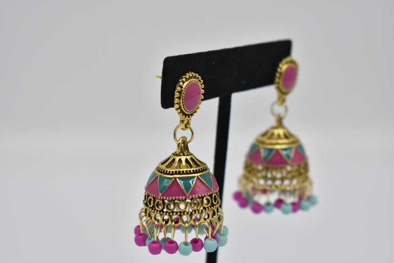 Pink and Blue Jhumka Style Ethnic Vintage Earrings - Earrings by GTA Desi Store