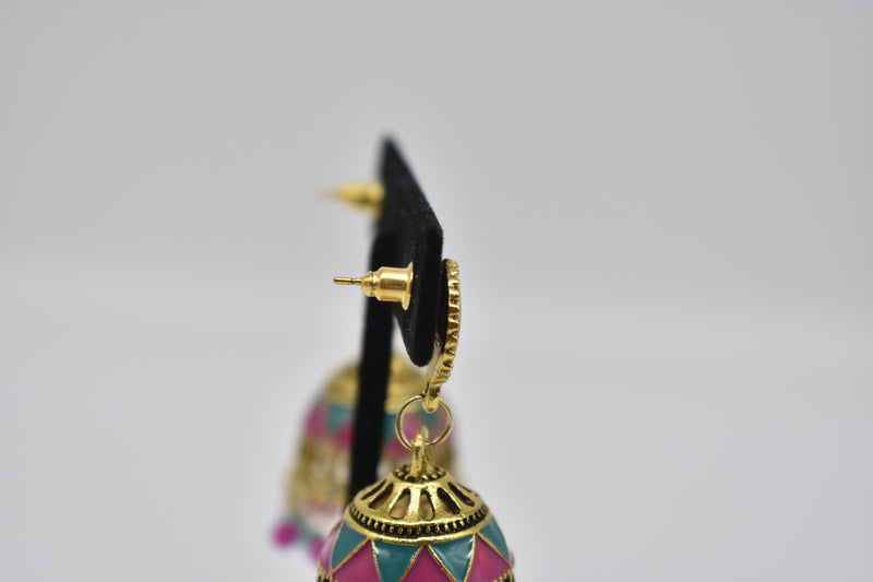 Pink and Blue Jhumka Style Ethnic Vintage Earrings - Earrings by GTA Desi Store