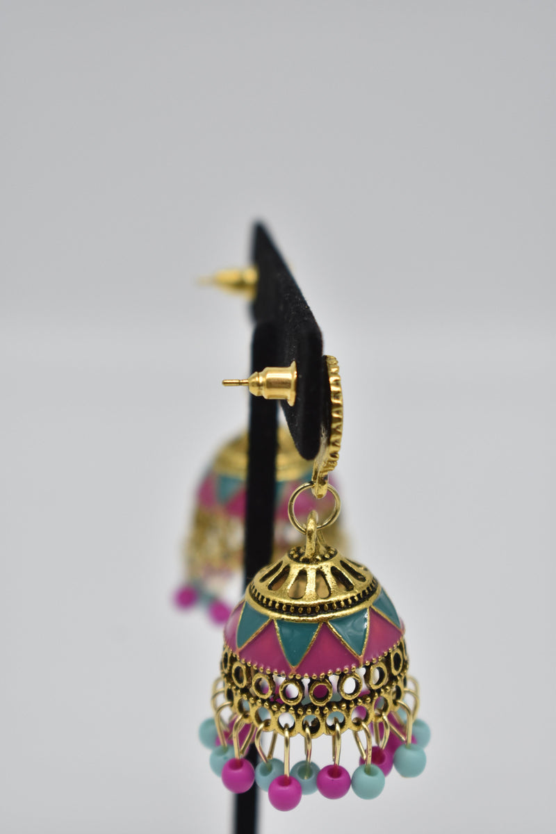 Pink and Blue Jhumka Style Ethnic Vintage Earrings - Earrings by GTA Desi Store