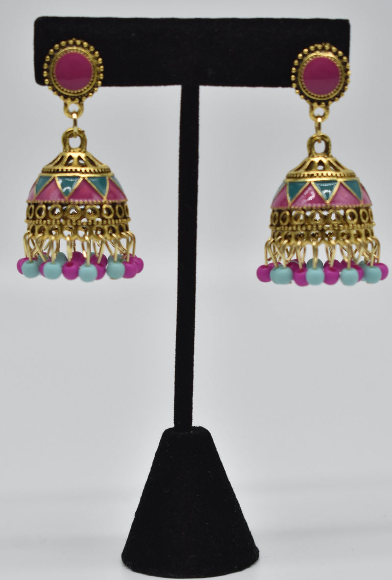 Pink and Blue Jhumka Style Ethnic Vintage Earrings - Earrings by GTA Desi Store