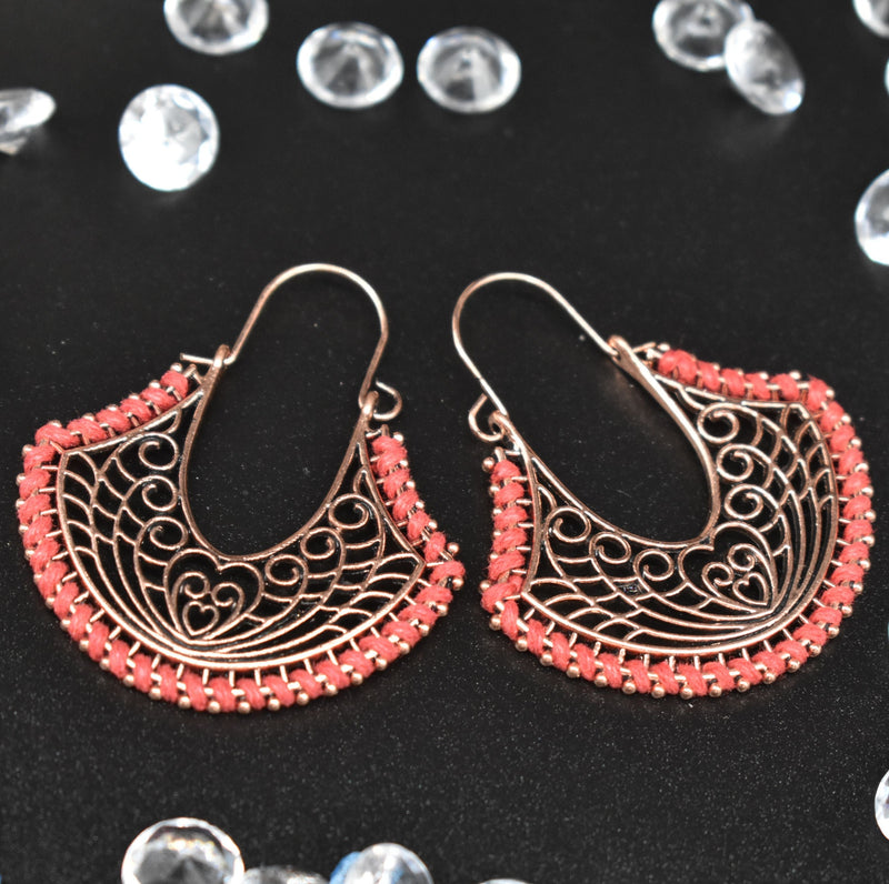 Heart and Tear-drop shaped Dark Pink Bronze Thin Metal Ethnic Earrings - Earrings by GTA Desi Store