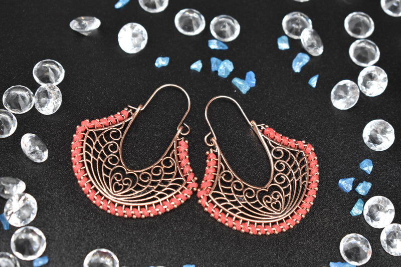 Heart and Tear-drop shaped Dark Pink Bronze Thin Metal Ethnic Earrings - Earrings by GTA Desi Store