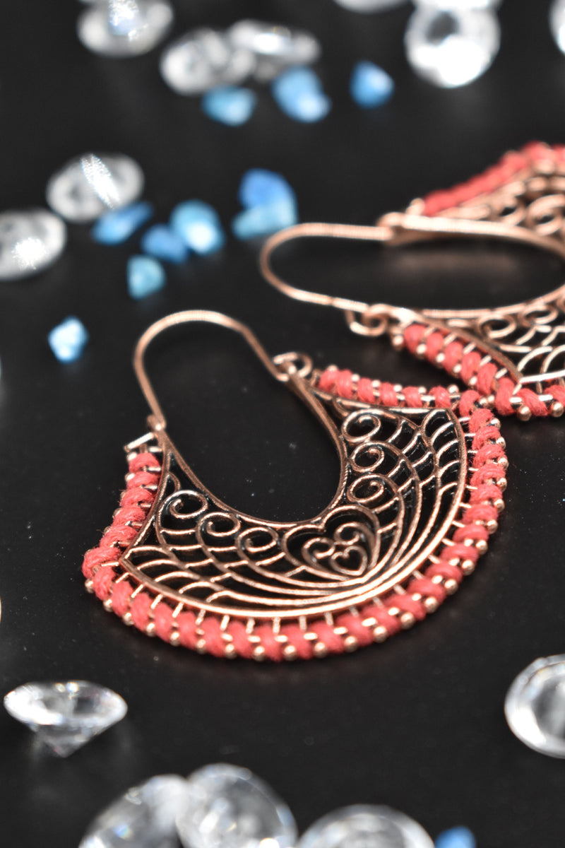 Heart and Tear-drop shaped Dark Pink Bronze Thin Metal Ethnic Earrings - Earrings by GTA Desi Store