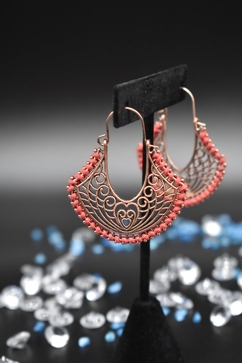 Heart and Tear-drop shaped Dark Pink Bronze Thin Metal Ethnic Earrings - Earrings by GTA Desi Store