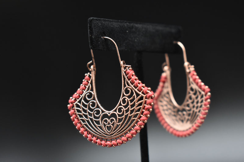 Heart and Tear-drop shaped Dark Pink Bronze Thin Metal Ethnic Earrings - Earrings by GTA Desi Store