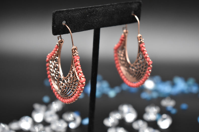 Heart and Tear-drop shaped Dark Pink Bronze Thin Metal Ethnic Earrings - Earrings by GTA Desi Store