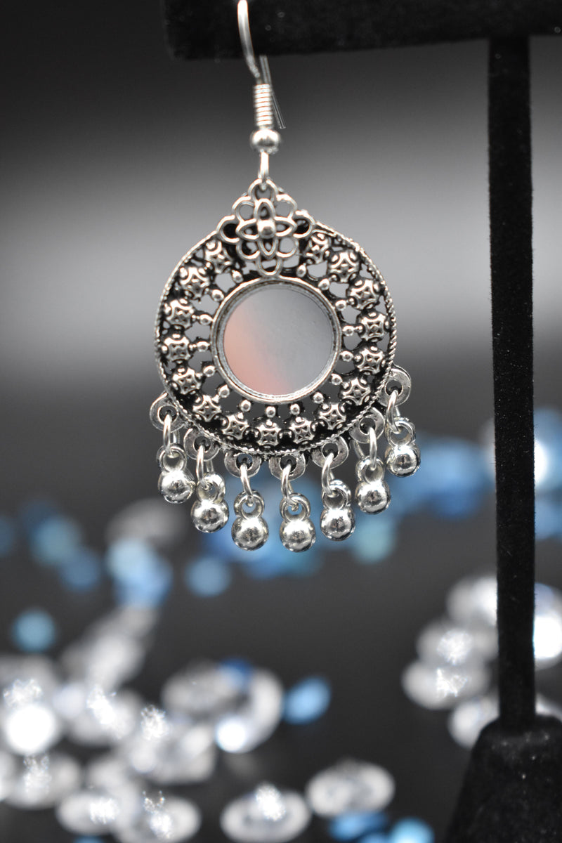 Black and Silver Mirror Ethnic Earrings - Earrings by GTA Desi Store