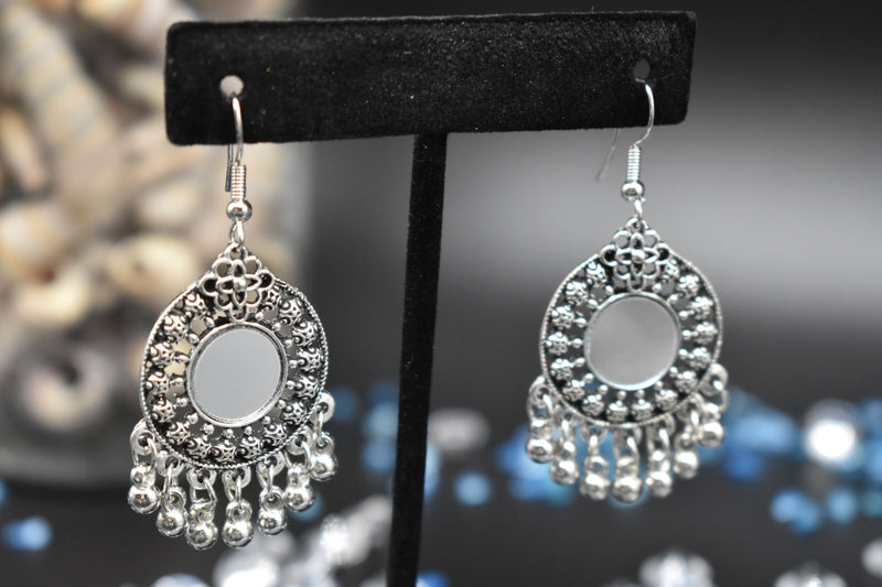 Black and Silver Mirror Ethnic Earrings - Earrings by GTA Desi Store