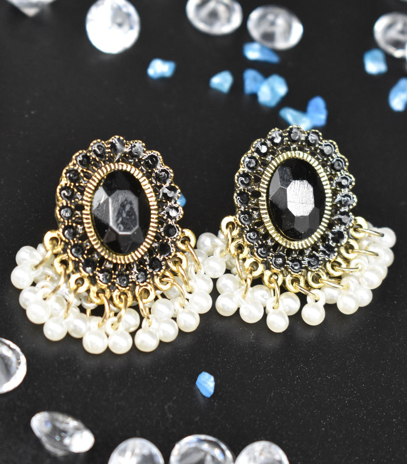 Gold Short with Black Diamond with White Pearls Traditional Earrings - Earrings by GTA Desi Store