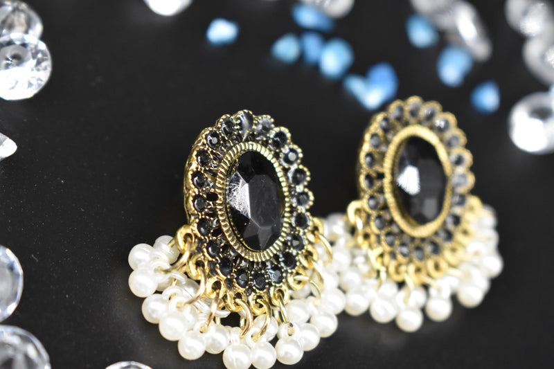 Gold Short with Black Diamond with White Pearls Traditional Earrings - Earrings by GTA Desi Store