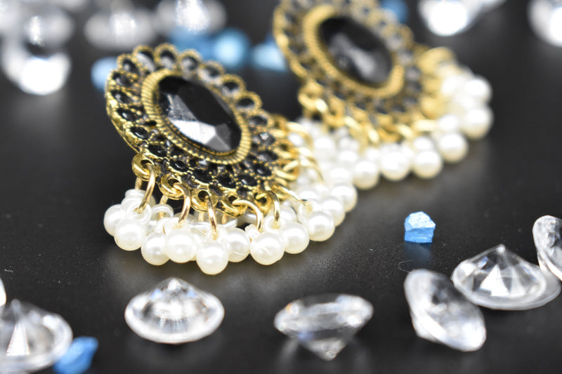 Gold Short with Black Diamond with White Pearls Traditional Earrings - Earrings by GTA Desi Store